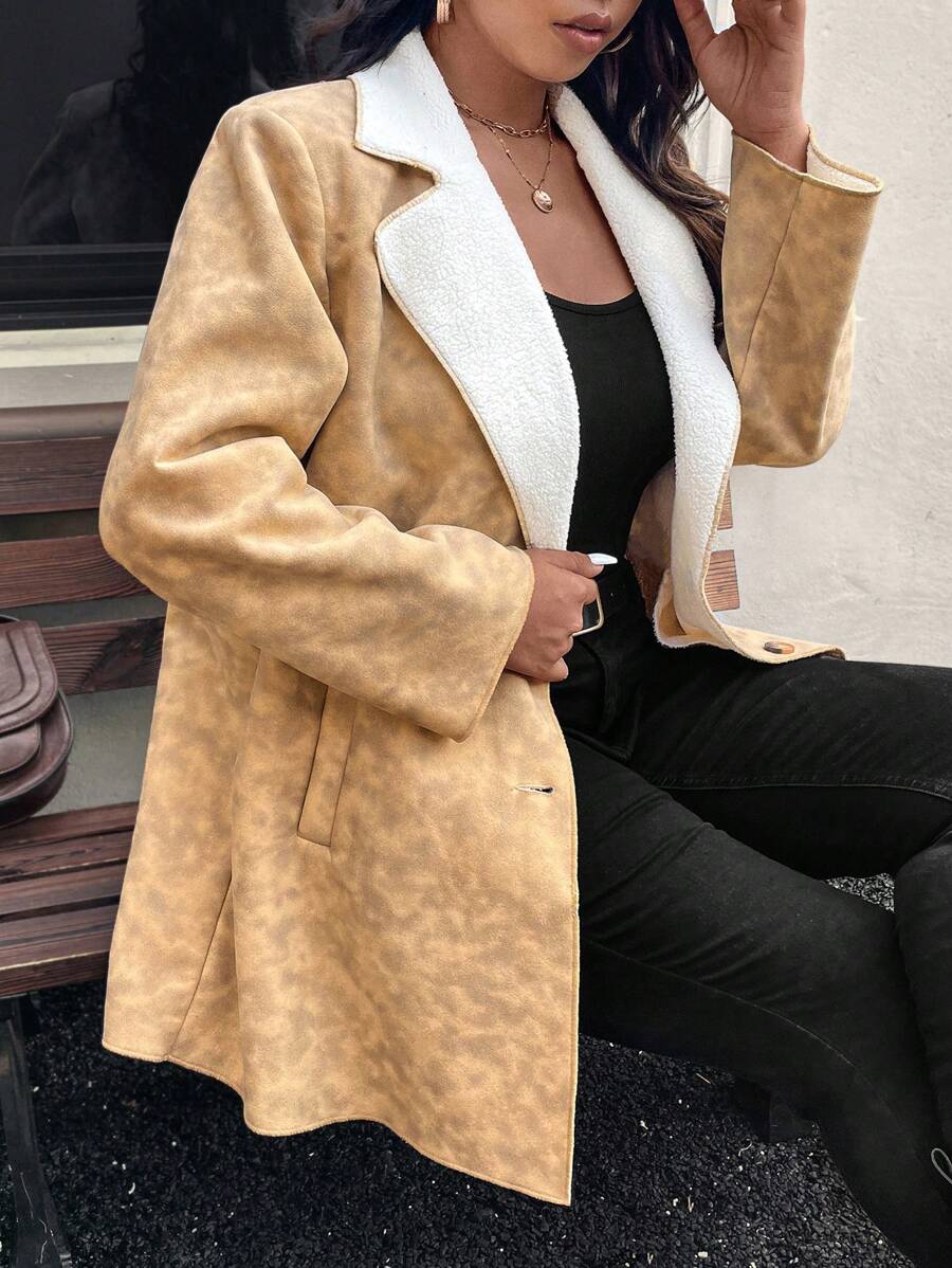 SHEIN LUNE Plus Size Batik Print Lined Turndown Collar Jacket, Autumn/Winter Winter Burnt Orange Clothes, Brown Leather Jacket, Old Money