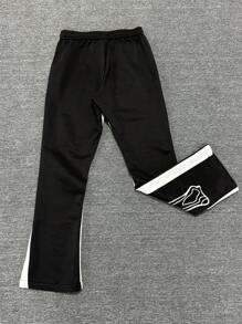 PAVTROS American Streetwear 骨纹休闲喇叭裤，Y2k 男士哥特式抽绳腰部印花时尚运动裤，骷髅运动裤，万圣节服装，街头服饰，长款宽松喇叭裤，拼色运动裤，送给老公、男朋友的礼物 - 黑色 - 查看 2