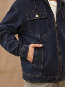 Men Premium 91% Cotton Denim Zip Up Jacket - Dark Wash - View 3