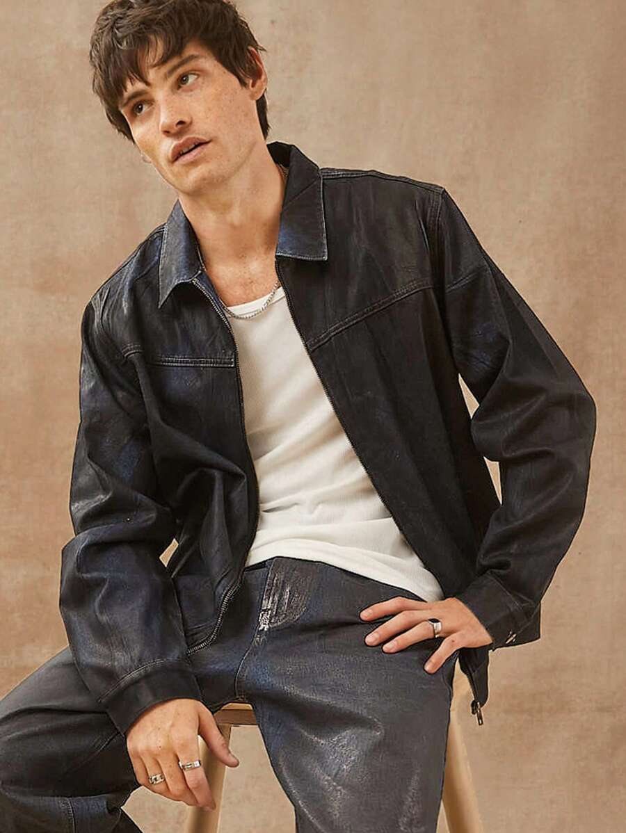 男士优质棉质牛仔深色涂层拉链夹克