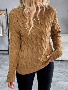 Chiquease Áo len chui đầu dài tay cổ tròn màu trơn thường ngày - Cà phê nâu - Xem 4