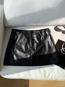 Comfortcana 女式新款低腰纯色直筒 PU 黑色迷你裙