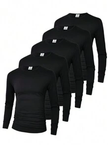 5pcs Classic Solid Color Knit Crew Neck Long Sleeve T-Shirts For Tween Boys, Autumn, School, Campus, College - Black - View 6