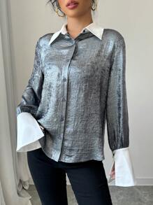 Calvaya Camisa larga holgada de manga larga con contraste de color metálico para mujer, de uso casual en otoño