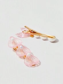 SHEIN MOD 5 件/套女士粉色贝壳、珍珠/珍珠母、亮片、不对称贝壳发夹，适合海滩、度假 - 粉色 - 查看 8