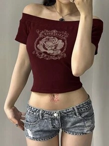 INAWLY 女士字母与花卉印花露肩短袖休闲 T 恤图案 T 恤女式上衣 - 酒紅色 - 查看 5