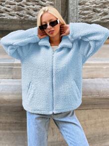EURMUSE Ladies' Solid Color Zip-up Plush Jacket - Baby Blue - View 5