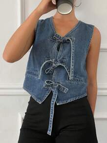 Livesso Distressed Washed Sleeveless Tie Bow V-Neck Fitted Denim Blouse For Women,Fall Clothes - Blue - View 1
