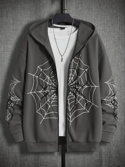 Manfinity VCAY Oversized Spider Web Print Zip-Up Hoodie