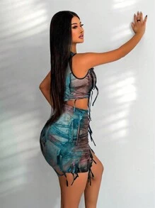 Zolique Women Tie Dye Ripped Cut Out Cropped Tank Top And Form-Fitting Mini Skirt Set, 2 Pieces - Dark Green - View 3