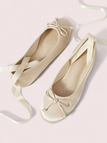 CUCCOO DOLLMOD 女士时尚芭蕾平底鞋圆头蝴蝶结系带休闲平底鞋新年假期 - 杏色 - 查看 2
