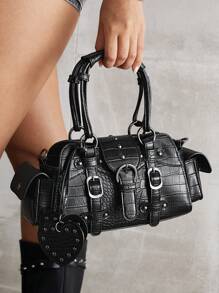 SHEIN ICON 女士时尚新款甜美酷炫 Y2K 心形吊坠复古摩托车手提手提包、街头、Y2K、复古、顶级手提包、手提包、黑色、酷炫、铆钉、街头、Y2K、复古、心形、摩托车手风格、校园包、青少年包 - 黑色 - 查看 6