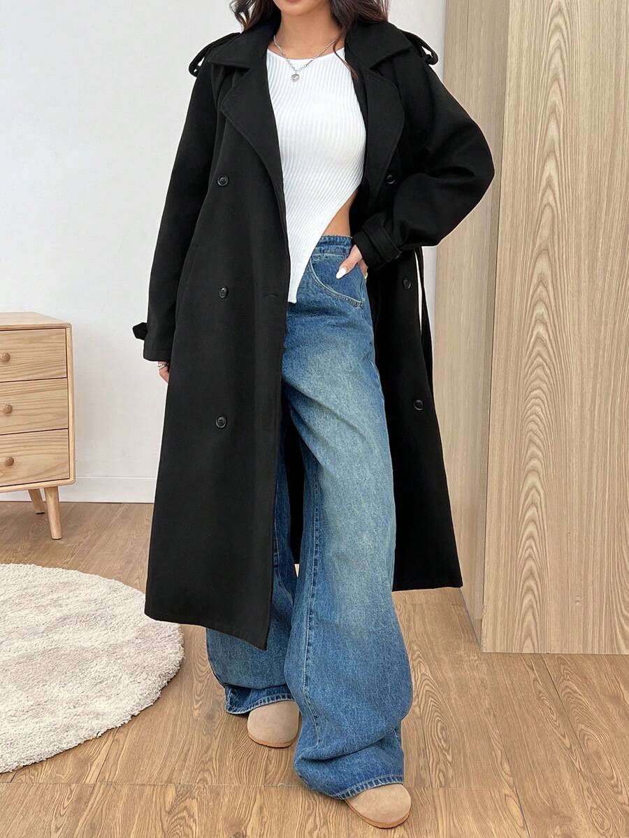 SHEIN EZwear Áo khoác dài tay đơn giản ấm áp giản dị cài nút màu trơn phía trước, mùa thu đông - màu đen - Xem 1