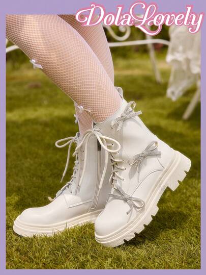 Dola Lovely Women's Fashionable And Elegant Casual Round Toe Beige Lace-Up Zipper Rhinestone Bow Decor Classic British Style Platform Ankle Boots