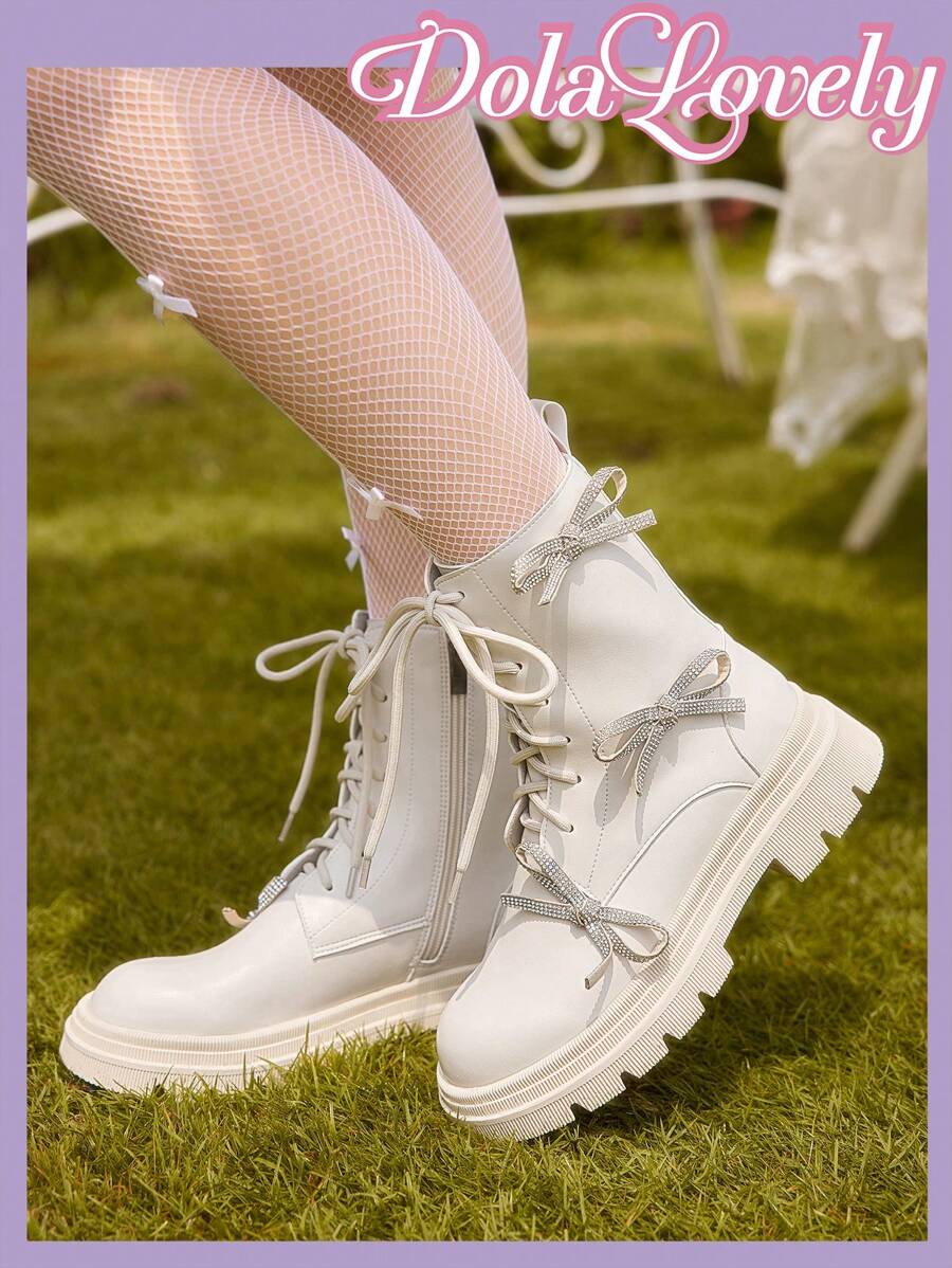 Dola Lovely Stivali alla caviglia donna eleganti e casual con punta tonda, beige, allacciati, con cerniera, decorati con strass e fiocco, in stile britannico classico con platform - Albicocca - Visualizzare 1