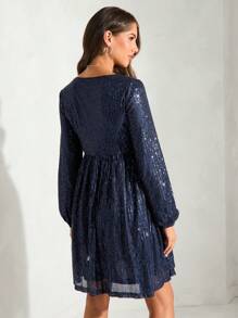 MaterniChic Maternity V-Neck Long Sleeve Tie Sequin Party Dress For Pregnant Women, Suitable For Party & Baby Shower, Autumn - Navy Blue - View 2