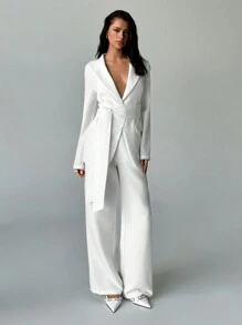Aloruh 2 pezzi Completo tailleur bianco da donna: Giacca blazer e pantaloni di colore tinta unita - Bianco - Visualizzare 1