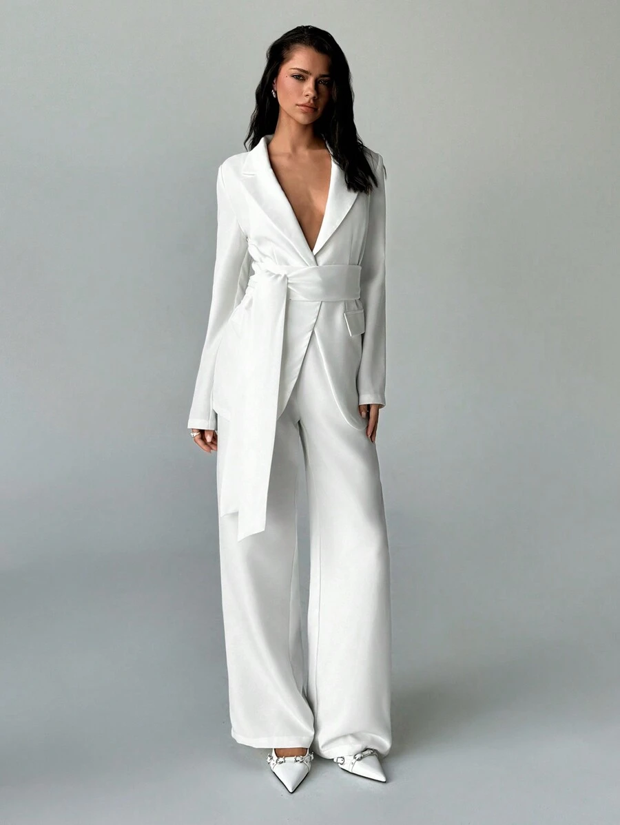 Aloruh 2 pezzi Completo tailleur bianco da donna: Giacca blazer e pantaloni di colore tinta unita - Bianco - Visualizzare 1