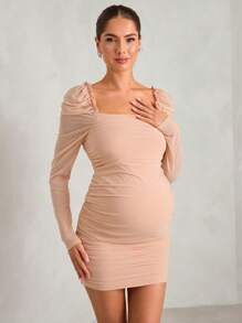 MaterniChic Schwangerschaftskleid mit Rüschen an den Ärmeln, geraffter Mesh-Überlagerung, körperbetonter Schnitt, einfarbiges gestricktes Mesh-Damen-Bodycon-Kleid für Frühling und Herbst, geeignet für Party, Abend, Hochzeit, Straßenmode