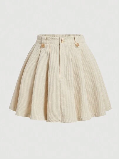 SHEIN Girlism Tween Girls Casual Apricot Corduroy Button-Pleated Apricot Midi Skirt, Autumn/Winter