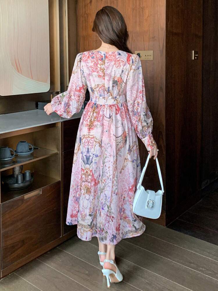 V-Neck All-Over Floral Women Lantern Sleeve Elegant Mid-Length Dress,Ruffle,Fall Clothes Long Sleeve Dress Maxi Dress Boho
