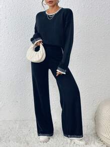 Chiquease 女士休闲优雅撞色阔腿毛衣套装 - 藏蓝色 - 查看 7