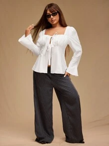 Forever 21 Plus Size damska elegancka bluzka z falbanką i rękawami dzwonkowymi, wiązana z przodu, jesień - Biały - Zobacz 4