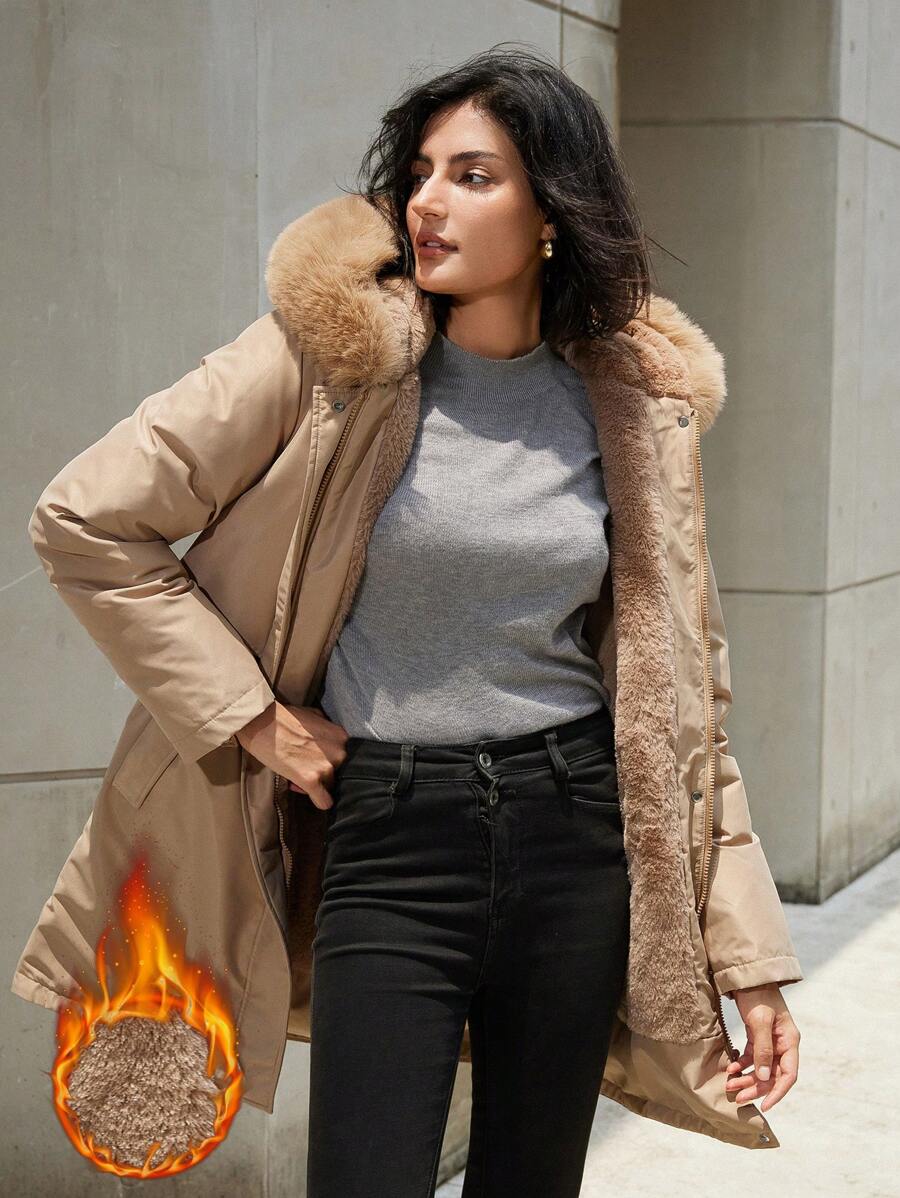 Aveloria Luźna, długa parka z kapturem i ściągaczem w pasie, z małym nadrukiem na plecach, ciepła, ocieplana, syntetyczna izolacja z poliestru, kurtka zimowa, kurtka zimowa, płaszcz na zimowe ubrania