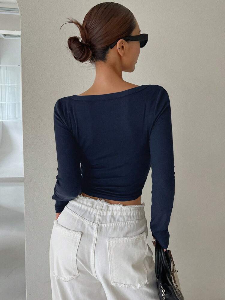 V-Neck Partial Button Up Curved Hem Slim Fit Long Sleeve Tee For Women,Back To School Clothes