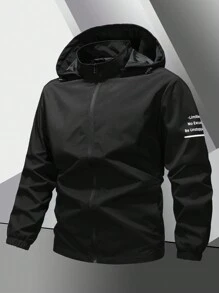 Gym Rark Boyfriend Style Men's Solid Color Front Zipper Long Sleeve Letter Print Hooded Sports Jacket - Black - View 1