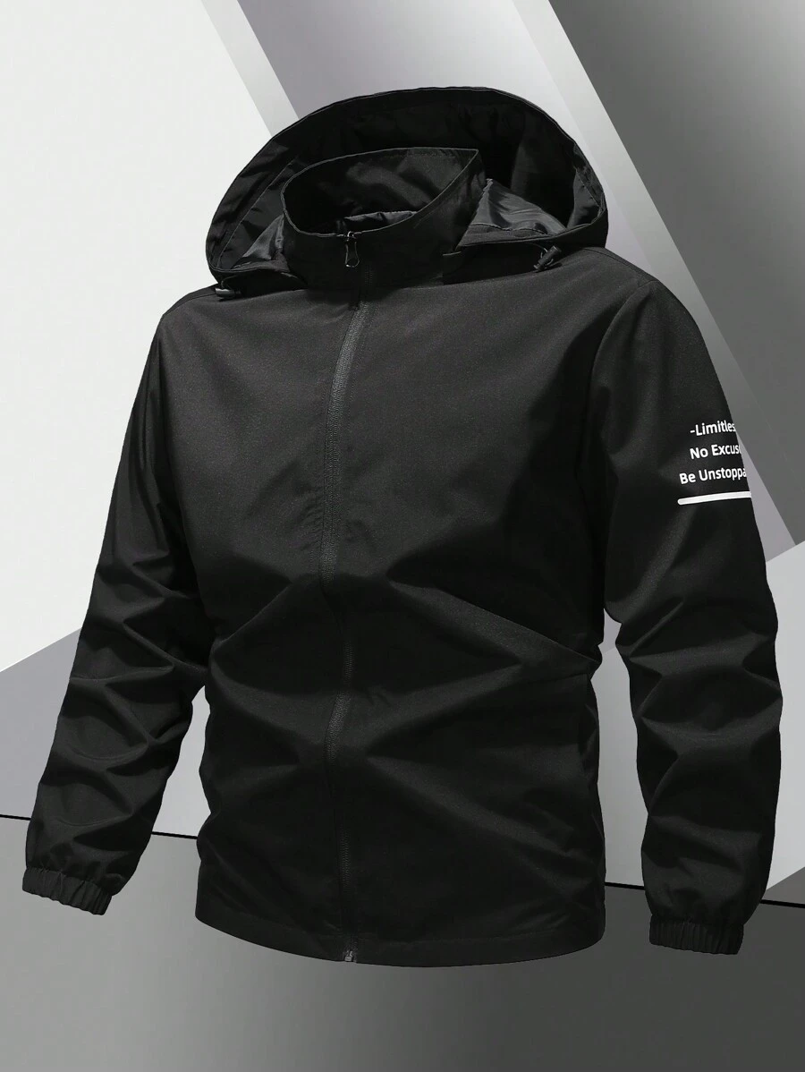 Gym Rark Boyfriend Style Men's Solid Color Front Zipper Long Sleeve Letter Print Hooded Sports Jacket - Black - View 1