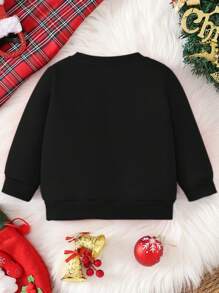 Christmas Baby Girl's Faux Sequin Santa Slogan Snowflake Thermal Lined Sweatshirt,Black And Red Autumn Casual Matching Family Mommy And Me Matching - Black - View 2