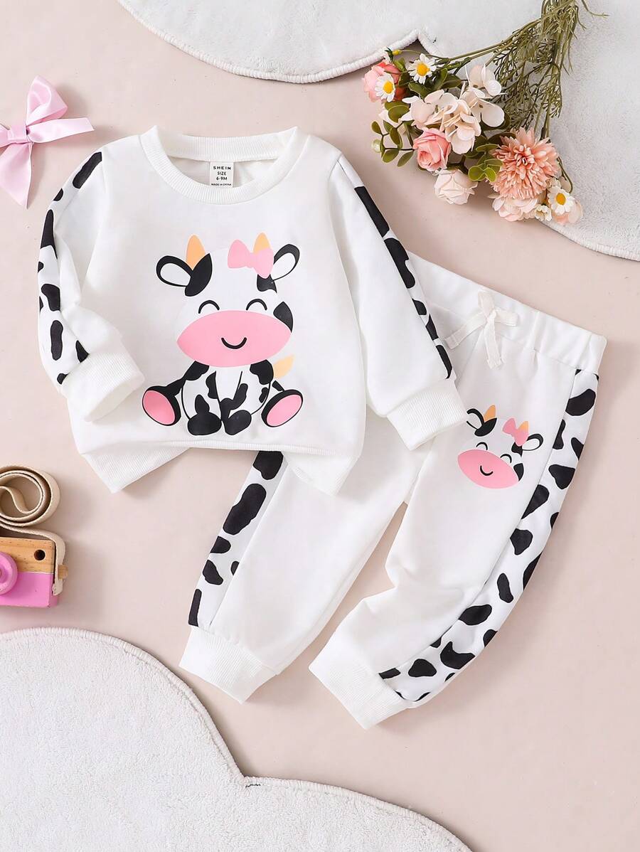 SHEIN 2 件秋季女宝宝可爱奶牛图案圆领运动衫和运动裤套装 - 白色 - 查看 1