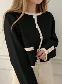 DAZY Women's Colorblock Crew Neck Form-Fitting Cardigan, Autumn,Fall Women Clothes - Black - View 2