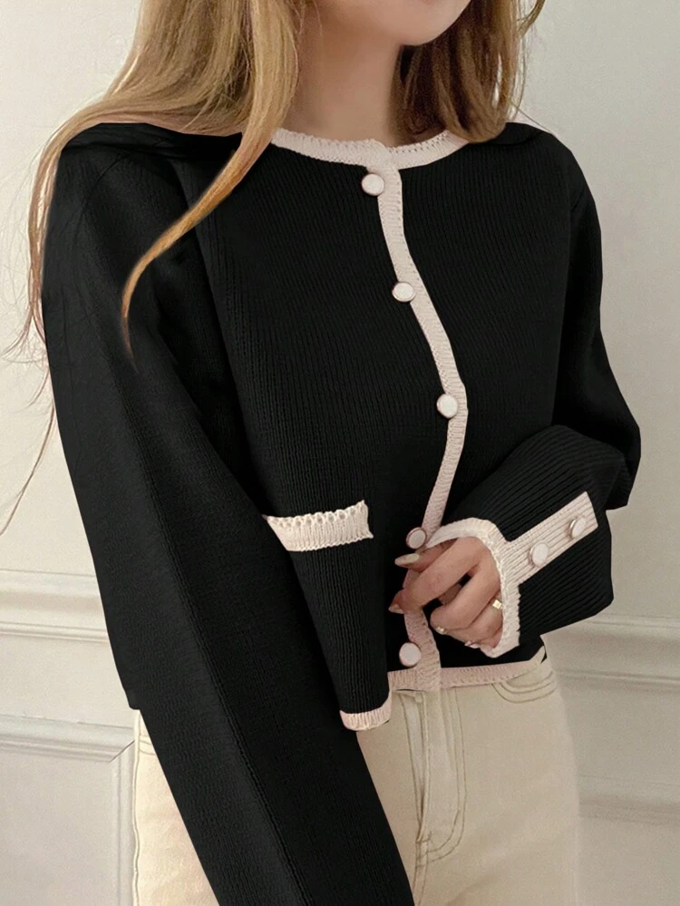 Women's Colorblock Crew Neck Form-Fitting Cardigan, Autumn,Fall Women Clothes