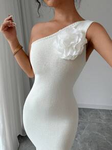 Chiquease Vestido suéter feminino outono inverno cor sólida 3d floral decoração sem mangas elegante - Branco - Ver 5