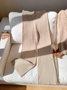 Comfortcana Women's Solid Color High Waist Ribbed Casual Knit Pants - Khaki - View 5