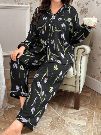 CottageSlumber 大码印花纽扣领上衣和裤子睡衣套装，舒适优雅，秋冬服装