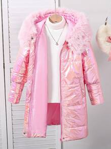 Tween Girl Colorful-Coded Long Padded Coat With Hood And Fleece Hat - Pink - View 1