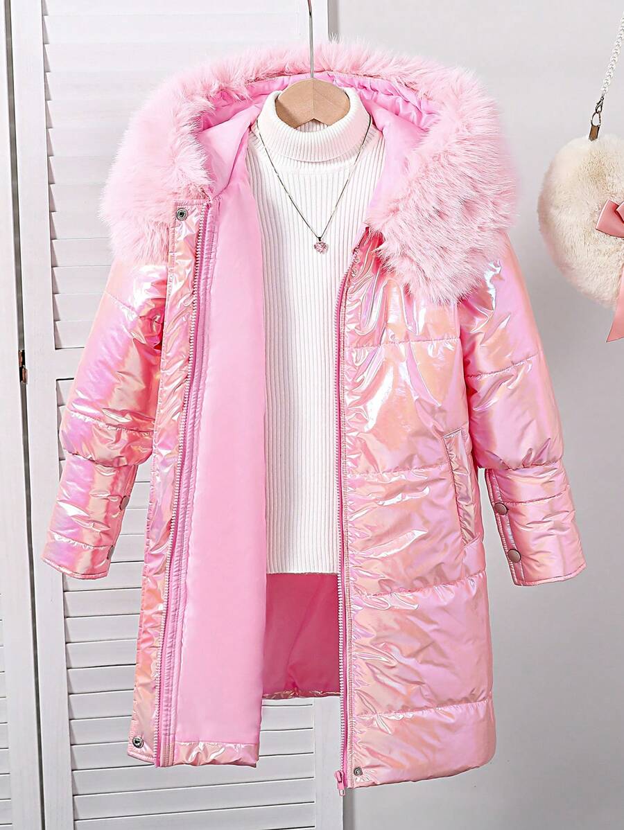 Tween Girl Colorful-Coded Long Padded Coat With Hood And Fleece Hat - Pink - View 1