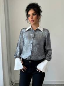 Calvaya Camisa larga holgada de manga larga con contraste de color metálico para mujer, de uso casual en otoño