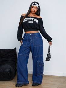 SHEIN ICON Plus Size Front Button Closure Multiple Pockets Casual Jeans, Everyday Wear