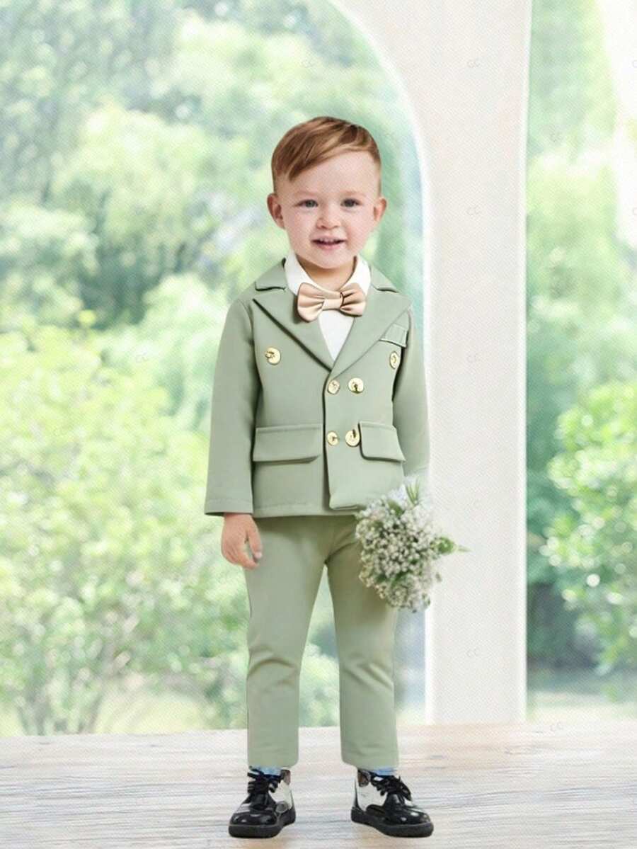 SHEIN Bộ 2 món thời trang kiểu Anh cổ điển cho bé trai, áo khoác và quần dài tay kèm nơ, trang phục lịch lãm, được làm từ chất liệu mềm mại cao cấp, thích hợp mặc hàng ngày, dự tiệc sinh nhật hoặc lễ cưới. - màu xanh lá - Xem 1