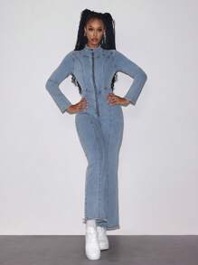 Jeanoix 女士秋季立领拉链半襟长袖休闲流苏喇叭牛仔连体裤 - 藍色 - 查看 1