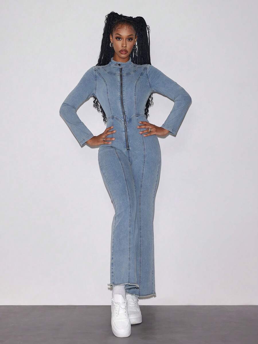 Jeanoix 女士秋季立领拉链半襟长袖休闲流苏喇叭牛仔连体裤 - 藍色 - 查看 1