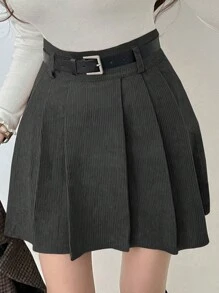 DAZY Rok A-Line Lipit Korduroi Warna Polos untuk Wanita, Musim Semi/Panas untuk Sekolah - Grey - View 2