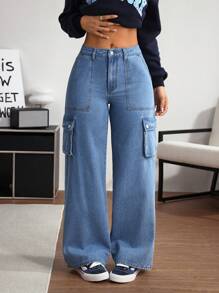 SHEIN EZwear Solid Color Loose Pocket Casual Classic Straight Leg Jeans - Light Wash - View 3