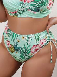 SHEIN Swim Curve Summer Beach Plus Tropical Print Drawstring Bikini Bottom - Mint Green - View 5