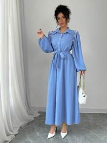 Rafferiza Vestido estilo francés de manga farol con cuello de camisa, con volantes y adorno de strass, vestido largo para mujer - Azul - Ver 5