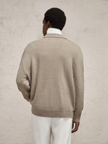 AKNOTIC Business Casual Men's Loose Drop Shoulder Casual V-Neck Long Sleeve Thick Ribbed Half-Zip Polo Sweater Khaki, For Fall Winter - Khaki - View 8